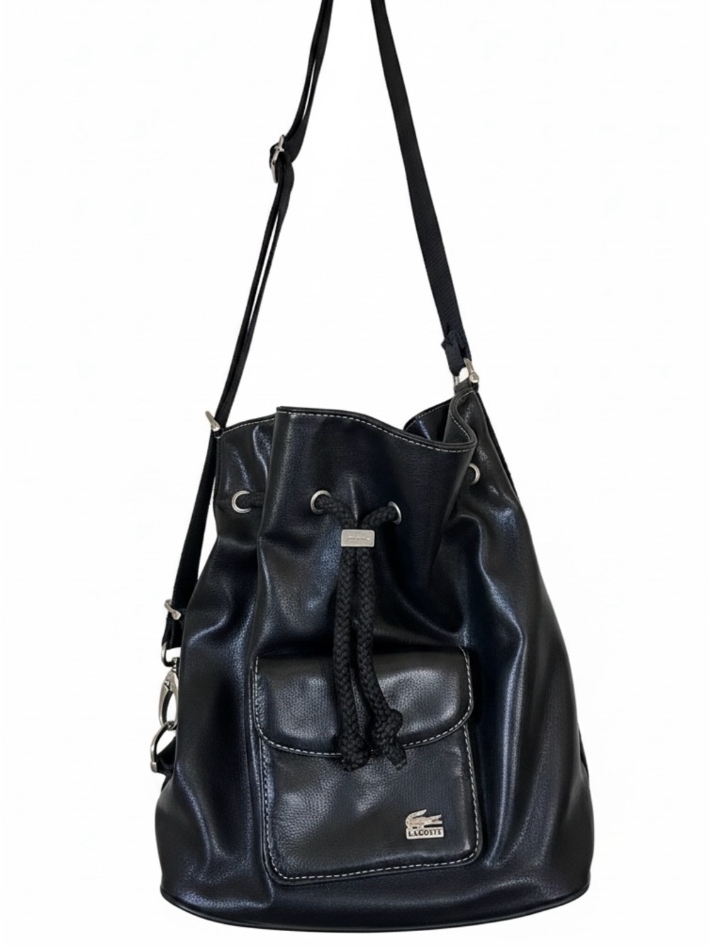 Vintage Lacoste Black Faux Leather Bucket Bag – Y2K Sporty Drawstring Purse